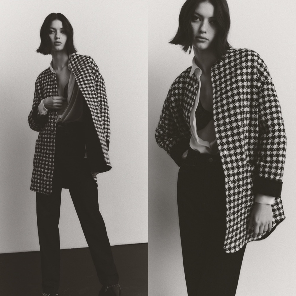 ZARA Houndstooth Textured Weave Padded Jacket Size Small